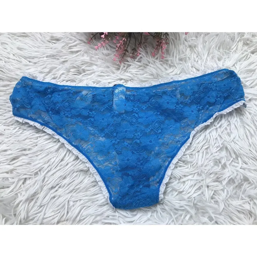 VINTAGE RARE FREDERICK'S OF HOLLYWOOD X-LARGE BLUE FLORAL LACE THONG PANTIES